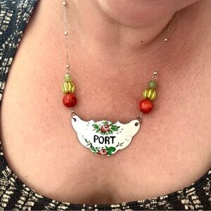 Port Vintage Enameled Decanter Tag Necklace on Sterling Silver Chain Barware